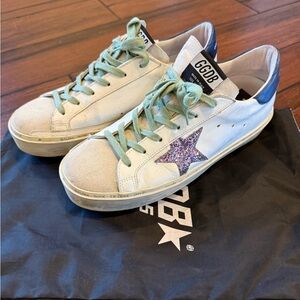 Golden Goose White Sneakers with Blue Heel and Glitter Star
